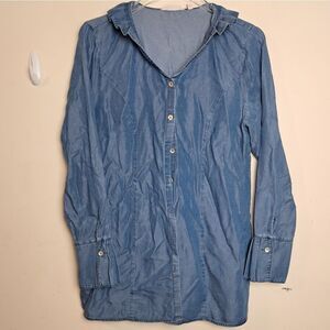 Soft Surroundings Denim Chambray Ruffle Collar Button Tunic Dress Blue Medium